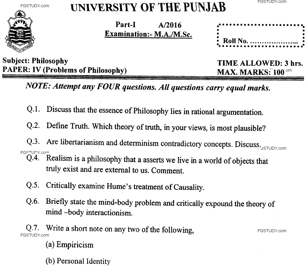 MA Part 1 Philosophy Problems Of Philosophy Past Paper 2016 Punjab University