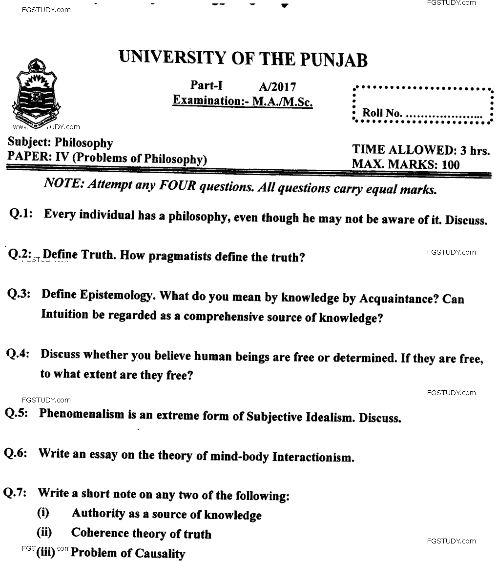 MA Part 1 Philosophy Problems Of Philosophy Past Paper 2017 Punjab University