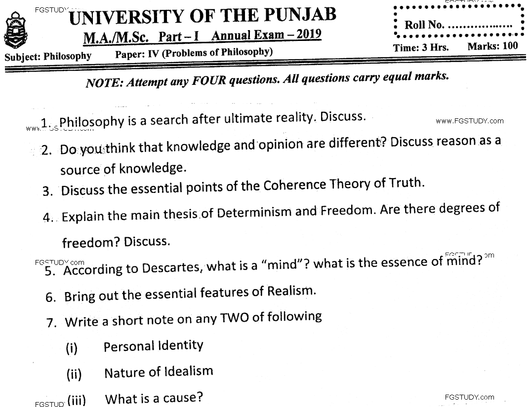 MA Part 1 Philosophy Problems Of Philosophy Past Paper 2019 Punjab University
