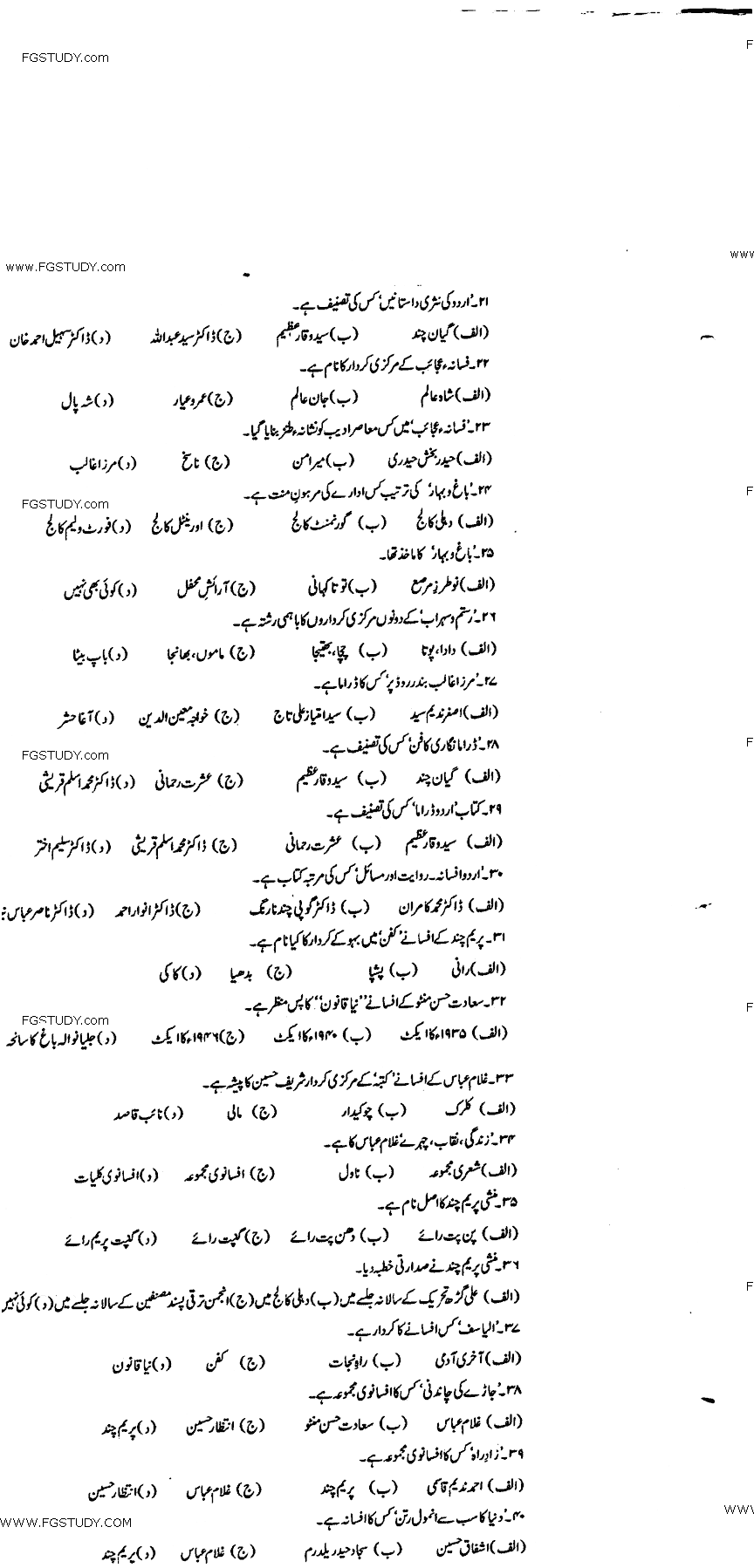 MA Part 1 Urdu Afsanvi Nasar O Drama Past Paper 2016 Punjab University Objective