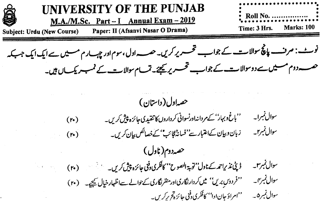 MA Part 1 Urdu Afsanvi Nasar O Drama Past Paper 2019 Punjab University