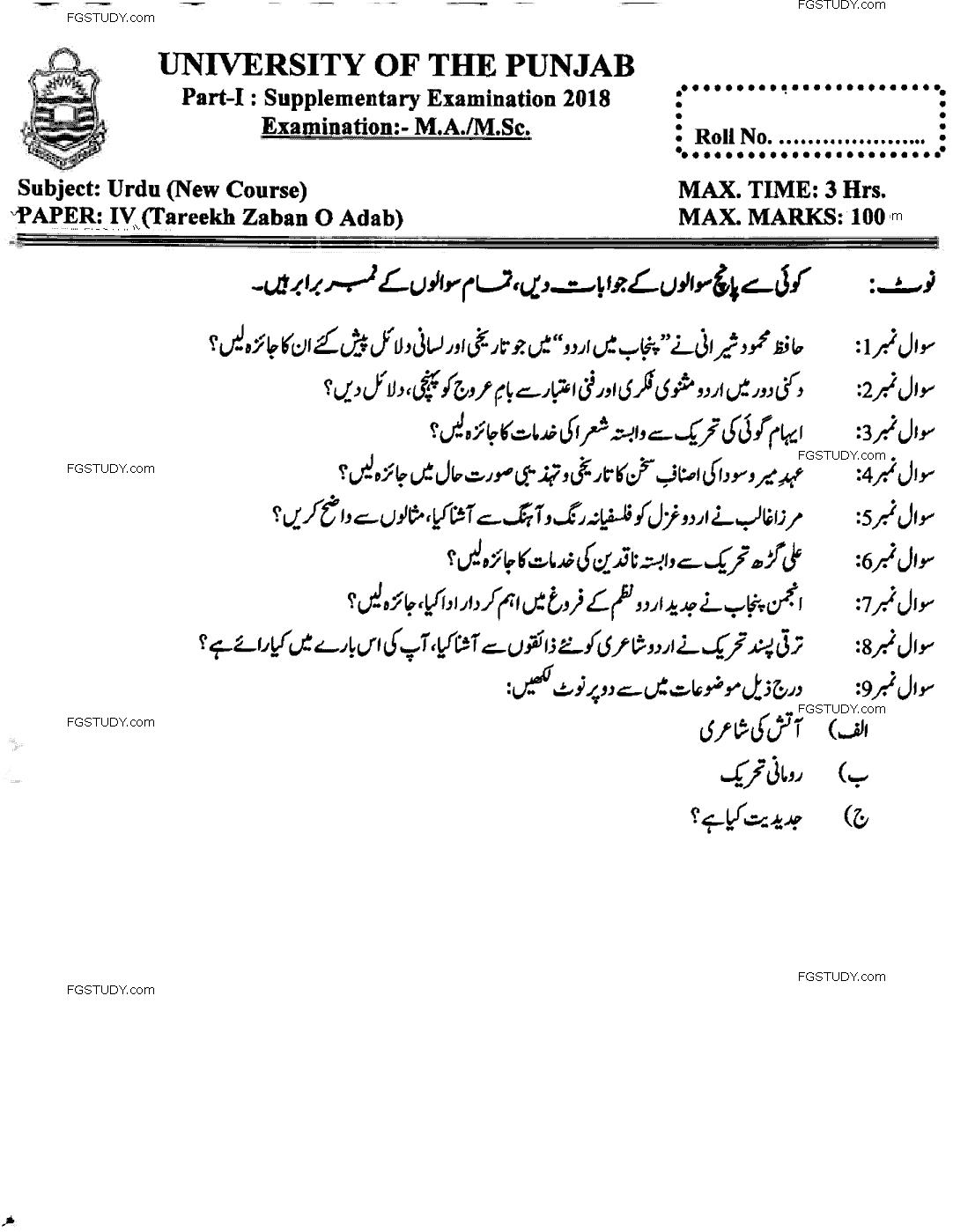 MA Part 1 Urdu Tareekh Zaban O Adab Past Paper 2018 Punjab University