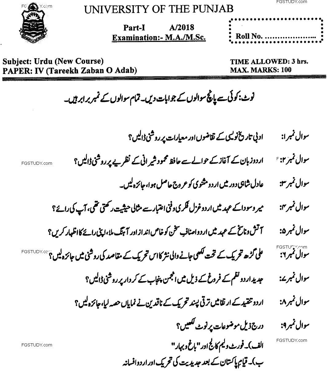MA Part 1 Urdu Tareekh Zaban O Adab Past Paper 2018 Punjab University