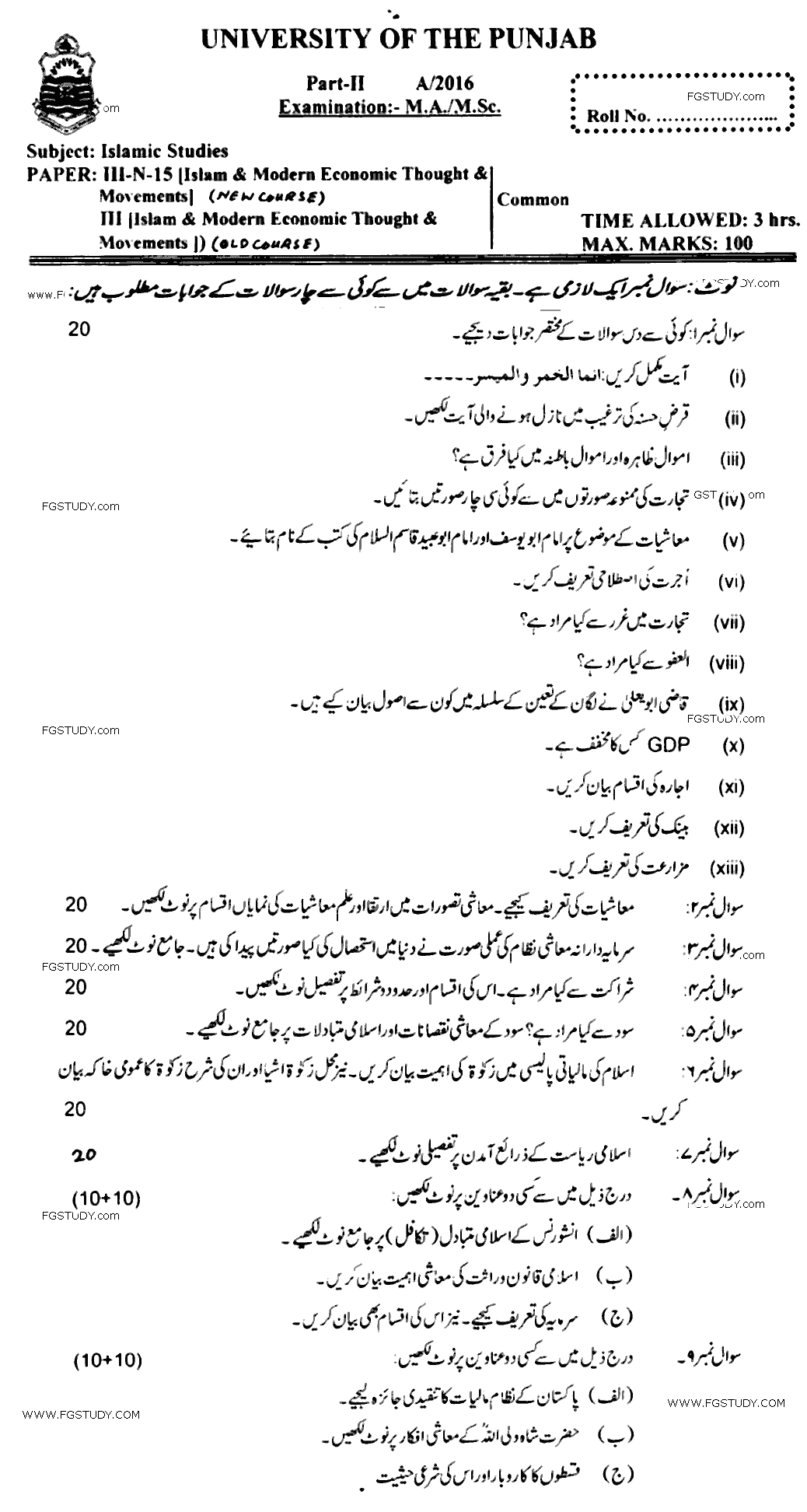 MA Part 2 Islamic Studies Islam And Modern Economic Thought And Movement Past Paper 2016 Punjab University