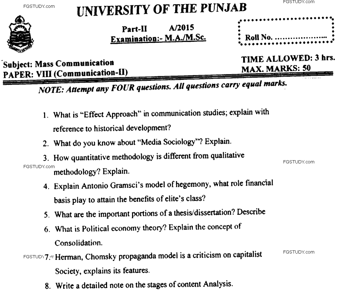 MA Part 2 Mass Communication Communication 2 Past Paper 2015 Punjab University