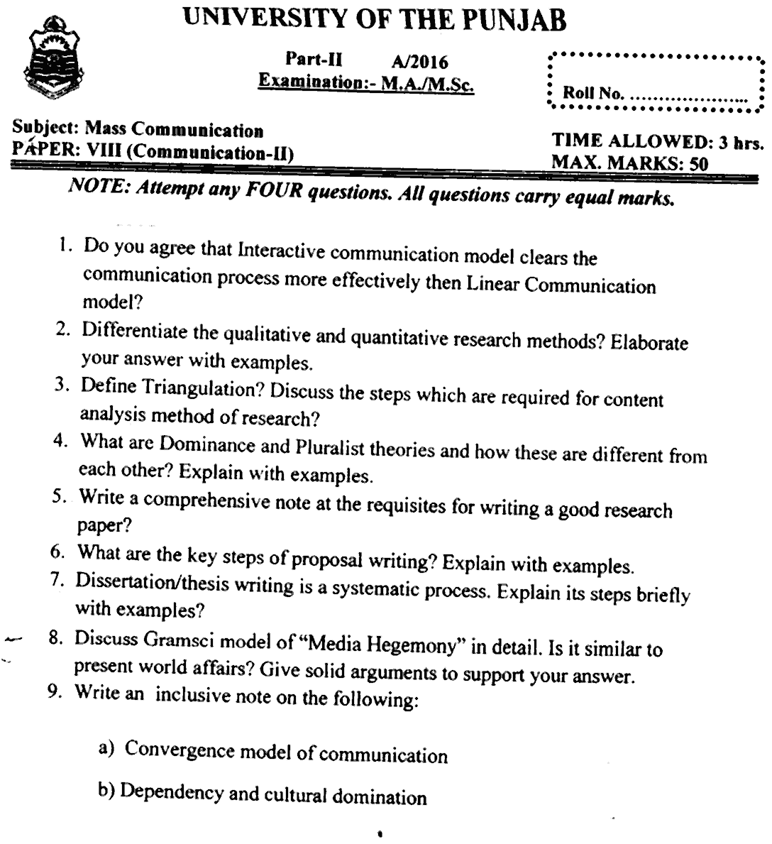 MA Part 2 Mass Communication Communication 2 Past Paper 2016 Punjab University