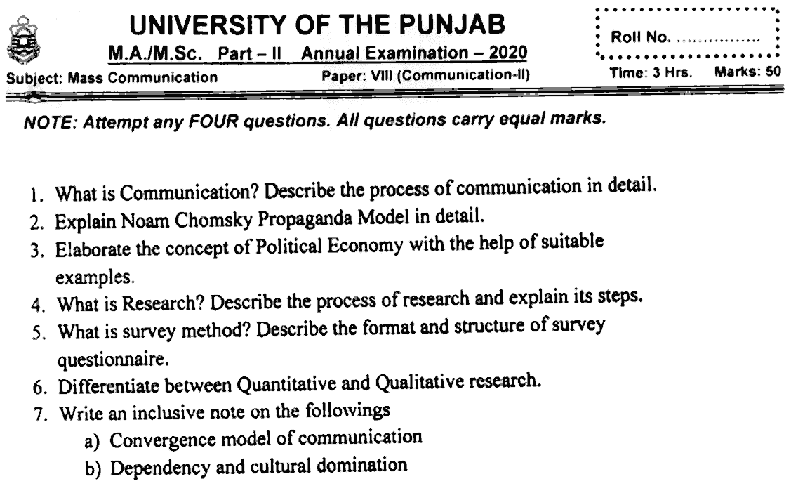 MA Part 2 Mass Communication Communication 2 Past Paper 2020 Punjab University