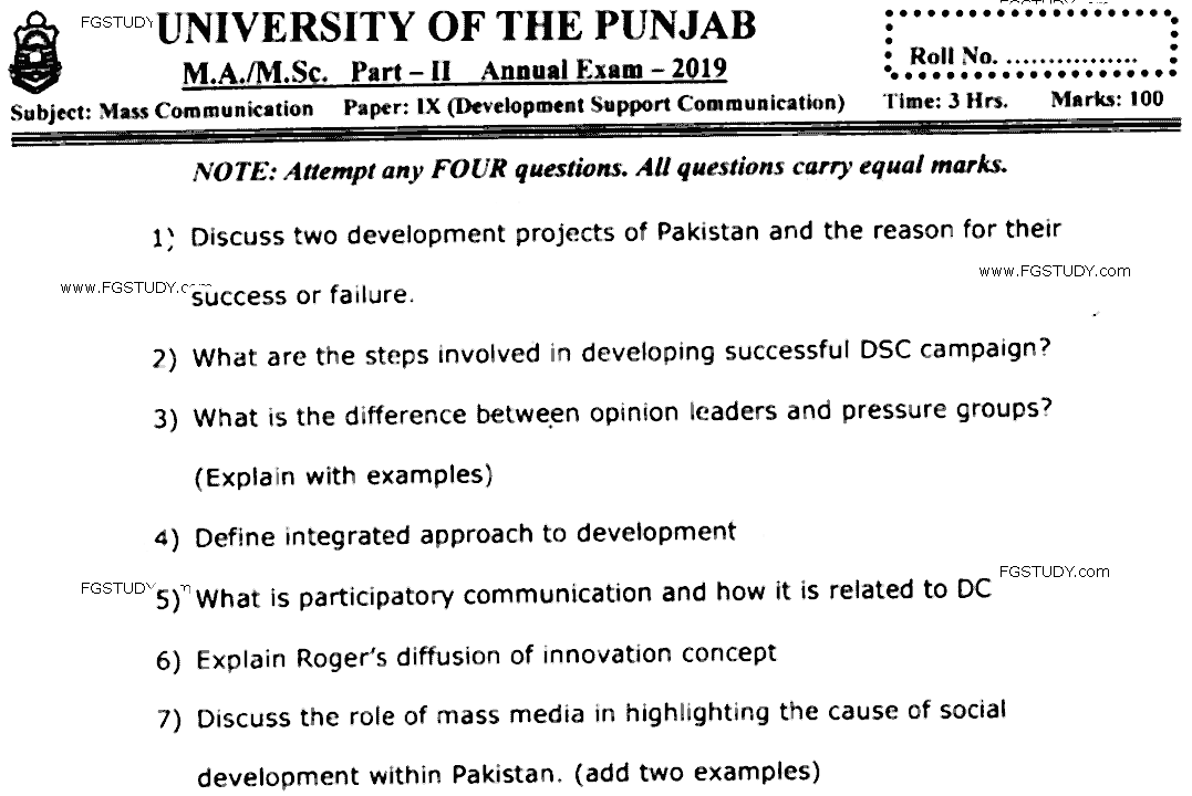 MA Part 2 Mass Communication Development Support Communication Past Paper 2019 Punjab University