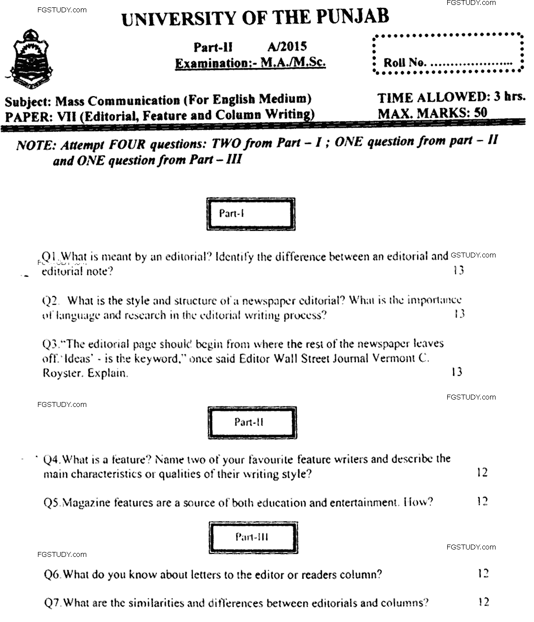 MA Part 2 Mass Communication Editorial Feature And Column Writing Past Paper 2015 Punjab University