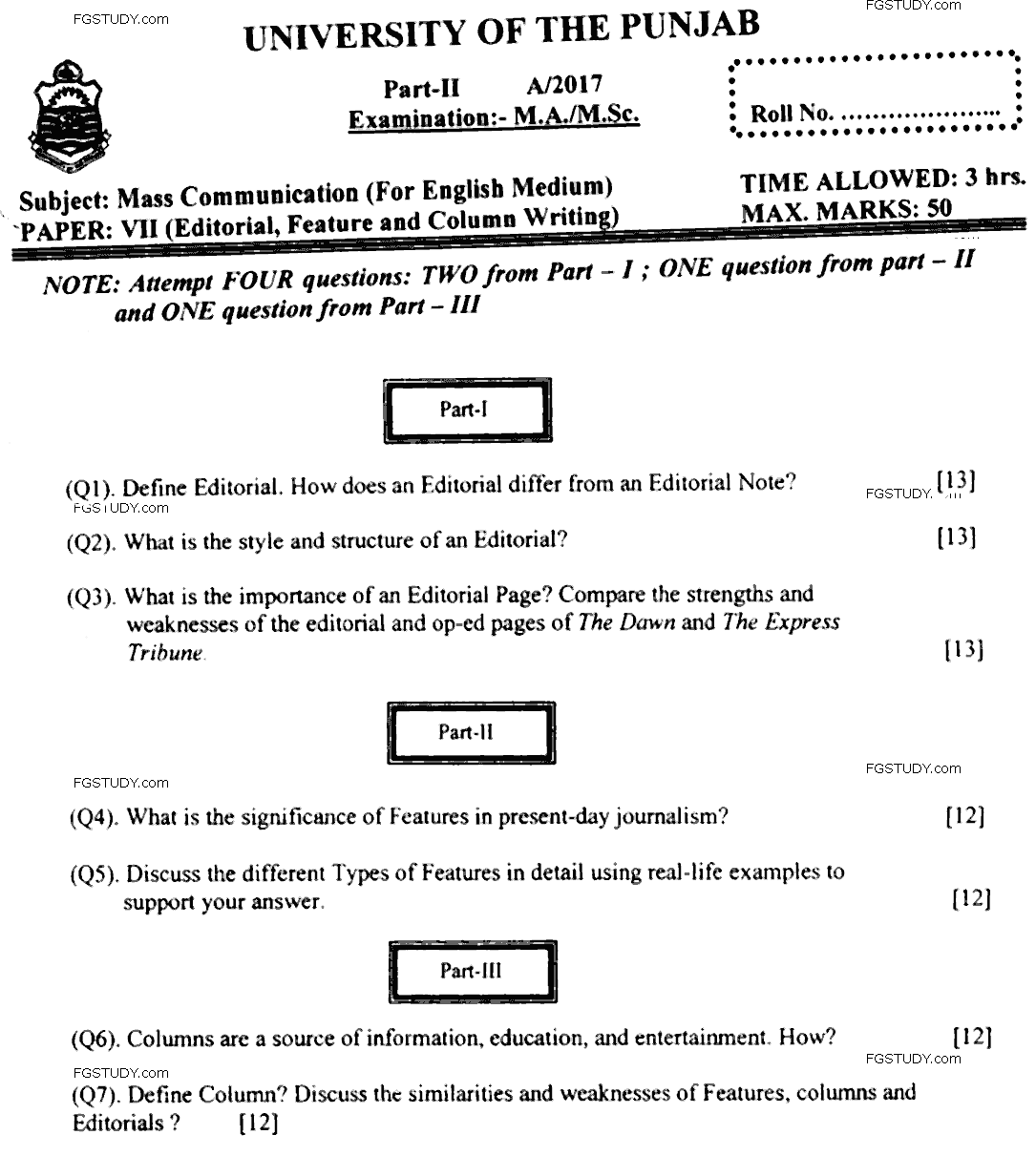 MA Part 2 Mass Communication Editorial Feature And Column Writing Past Paper 2017 Punjab University