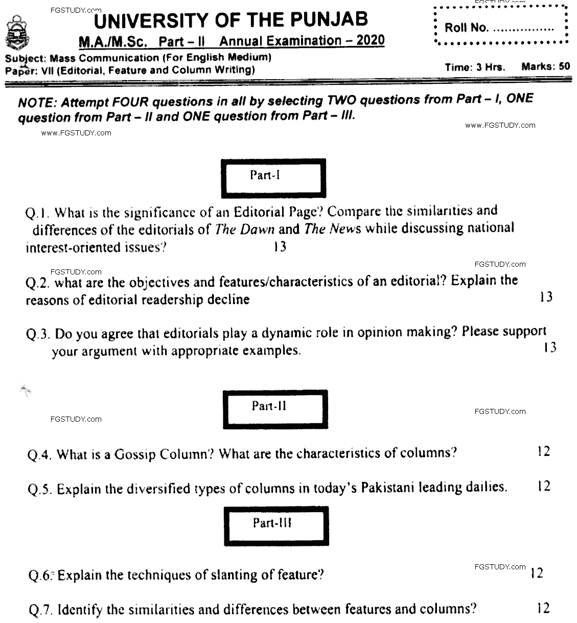MA Part 2 Mass Communication Editorial Feature And Column Writing Past Paper 2020 Punjab University