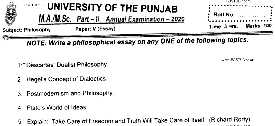 MA Part 2 Philosophy Essay Past Paper 2020 Punjab University