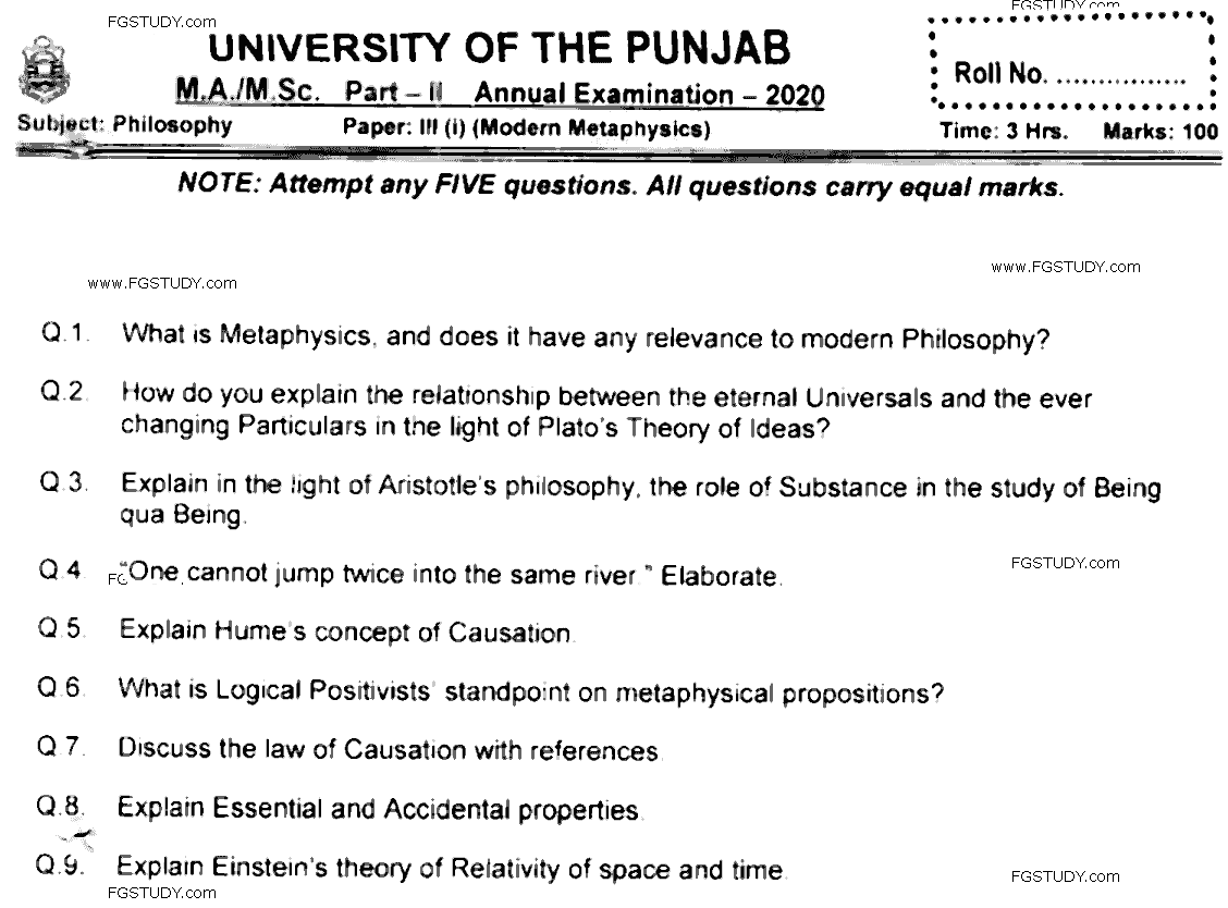 MA Part 2 Philosophy Modern Metaphysics Past Paper 2020 Punjab University