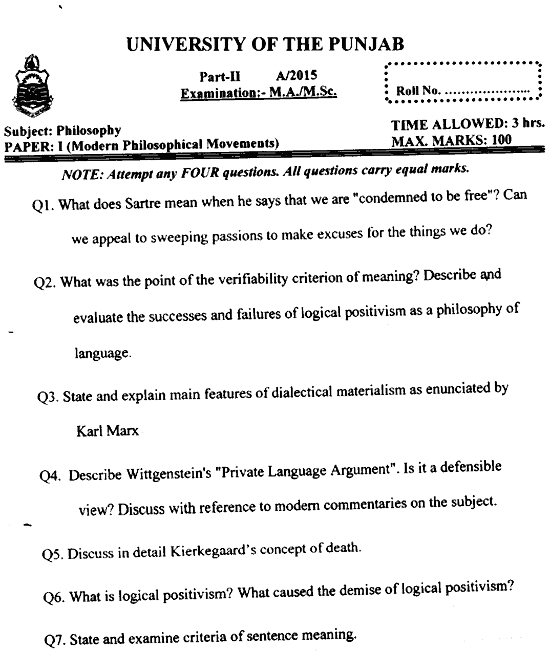 MA Part 2 Philosophy Modern Philosophical Movements Past Paper 2015 Punjab University
