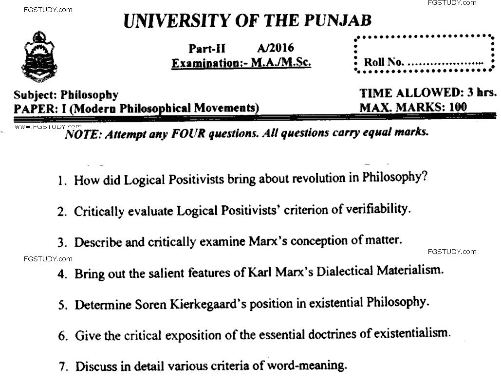 MA Part 2 Philosophy Modern Philosophical Movements Past Paper 2016 Punjab University