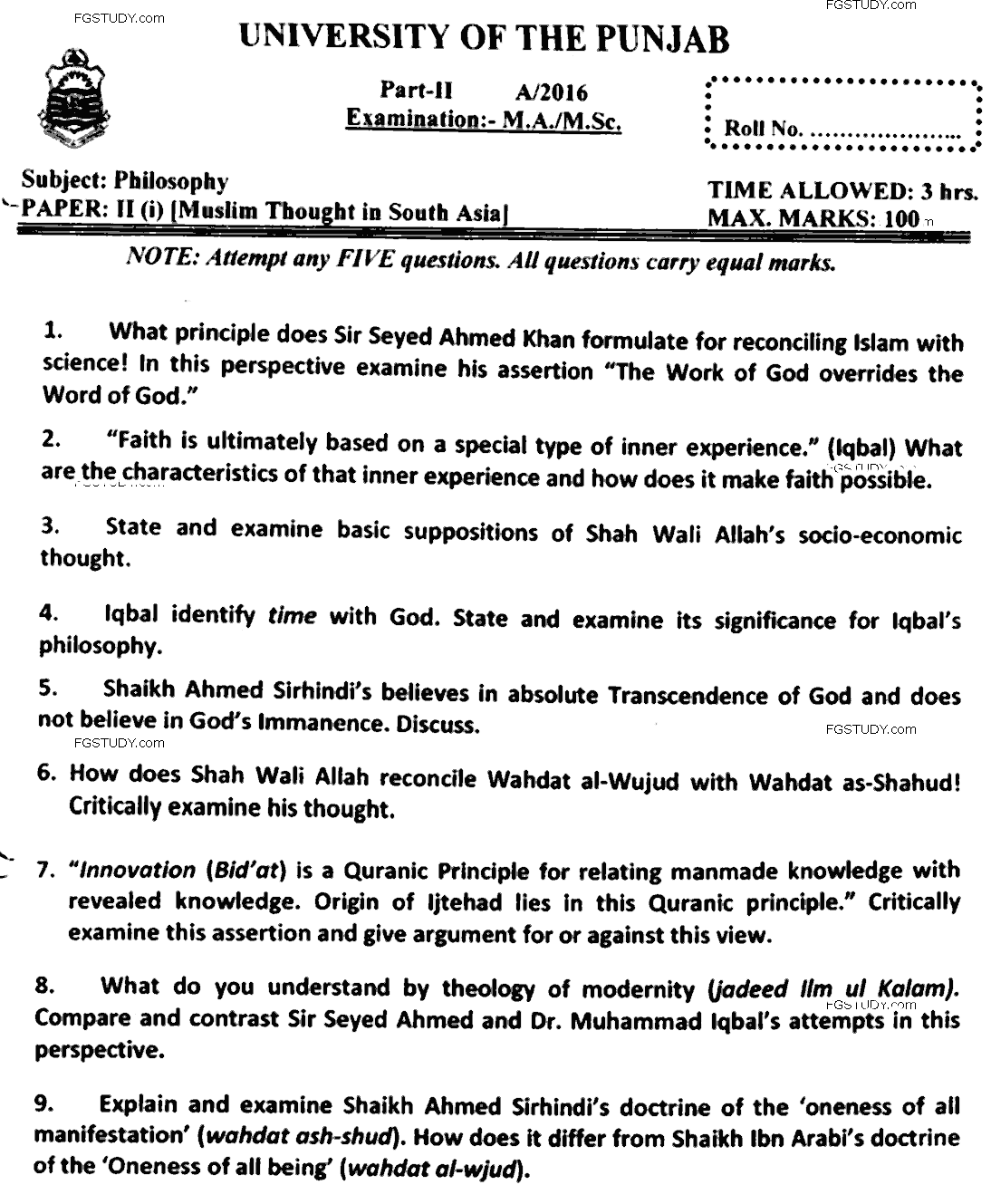 MA Part 2 Philosophy Mulsim Thought In South Asia Past Paper 2016 Punjab University