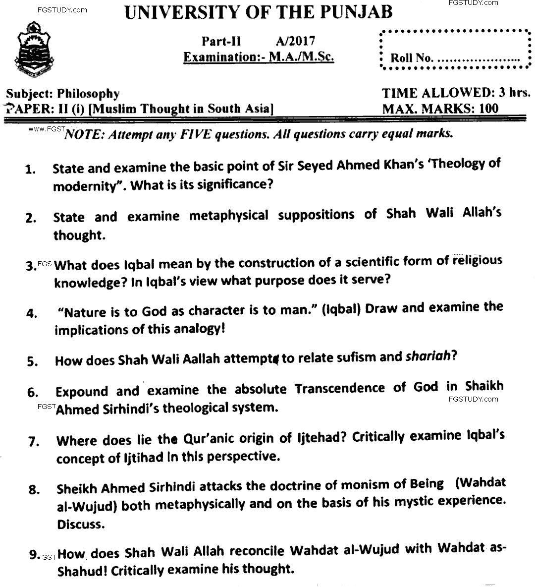 MA Part 2 Philosophy Mulsim Thought In South Asia Past Paper 2017 Punjab University