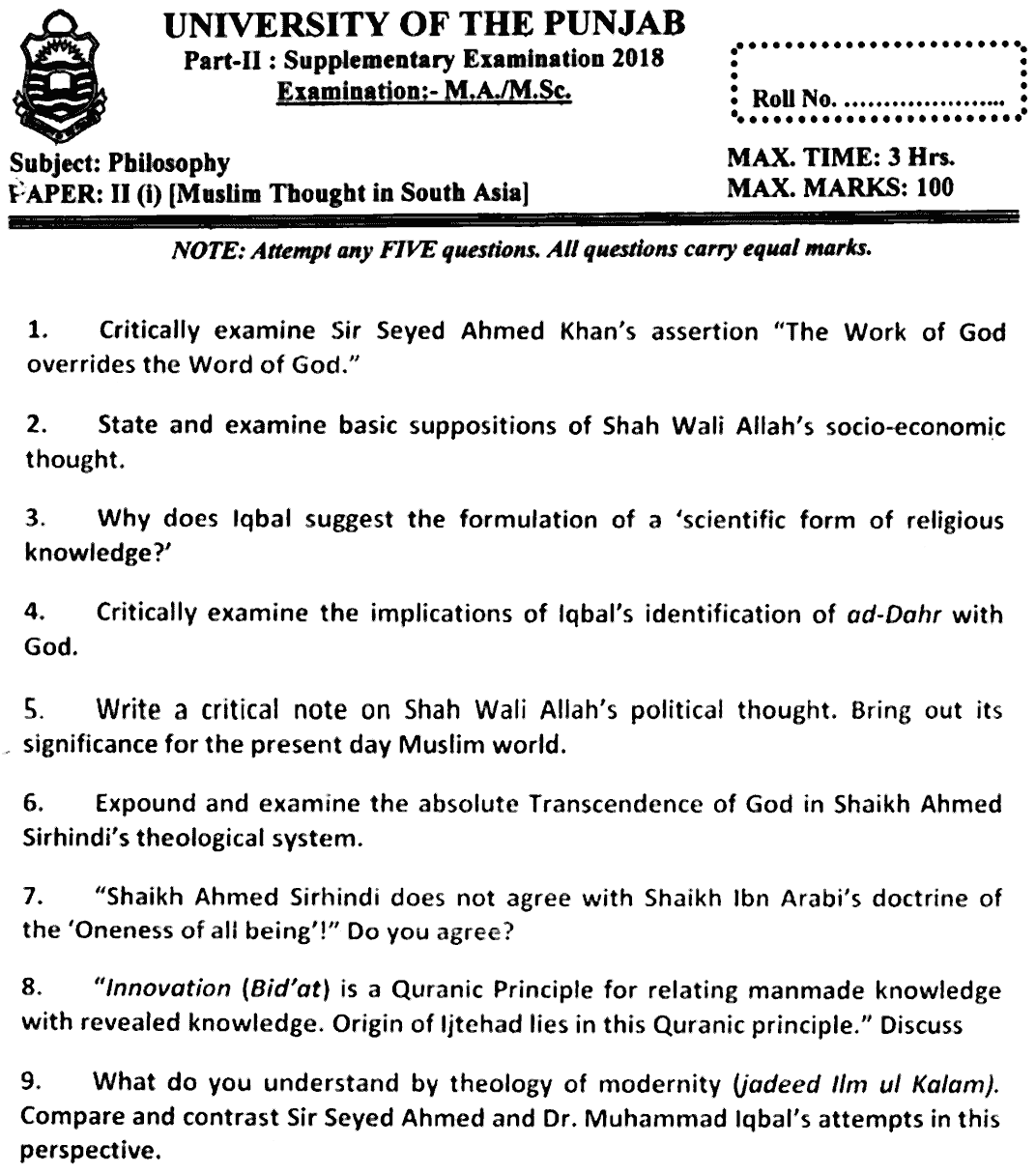 MA Part 2 Philosophy Mulsim Thought In South Asia Past Paper 2018 Punjab University