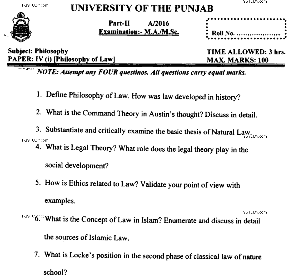 MA Part 2 Philosophy Philosophy Of Law Past Paper 2016 Punjab University
