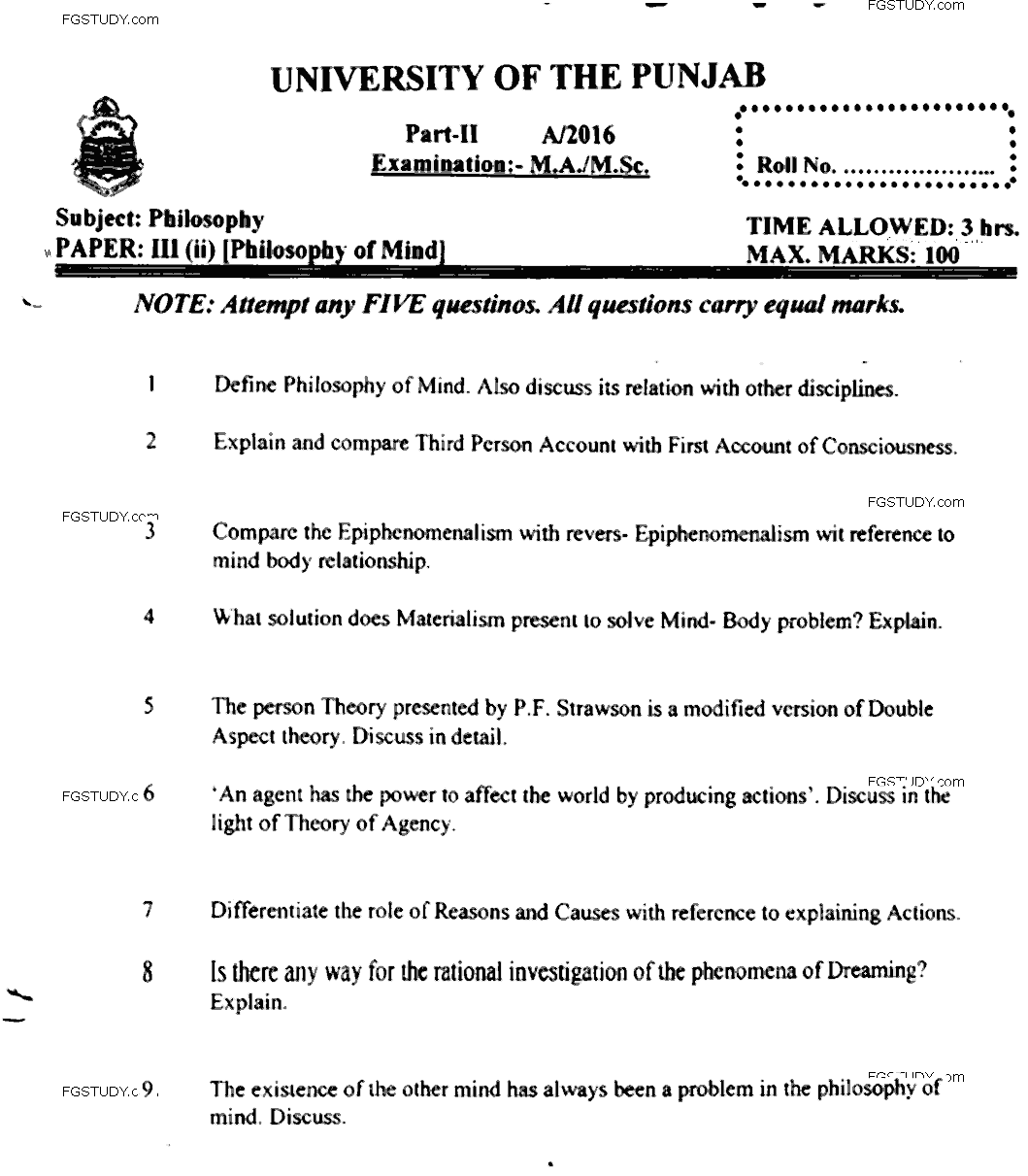 MA Part 2 Philosophy Philosophy Of Mind Past Paper 2016 Punjab University
