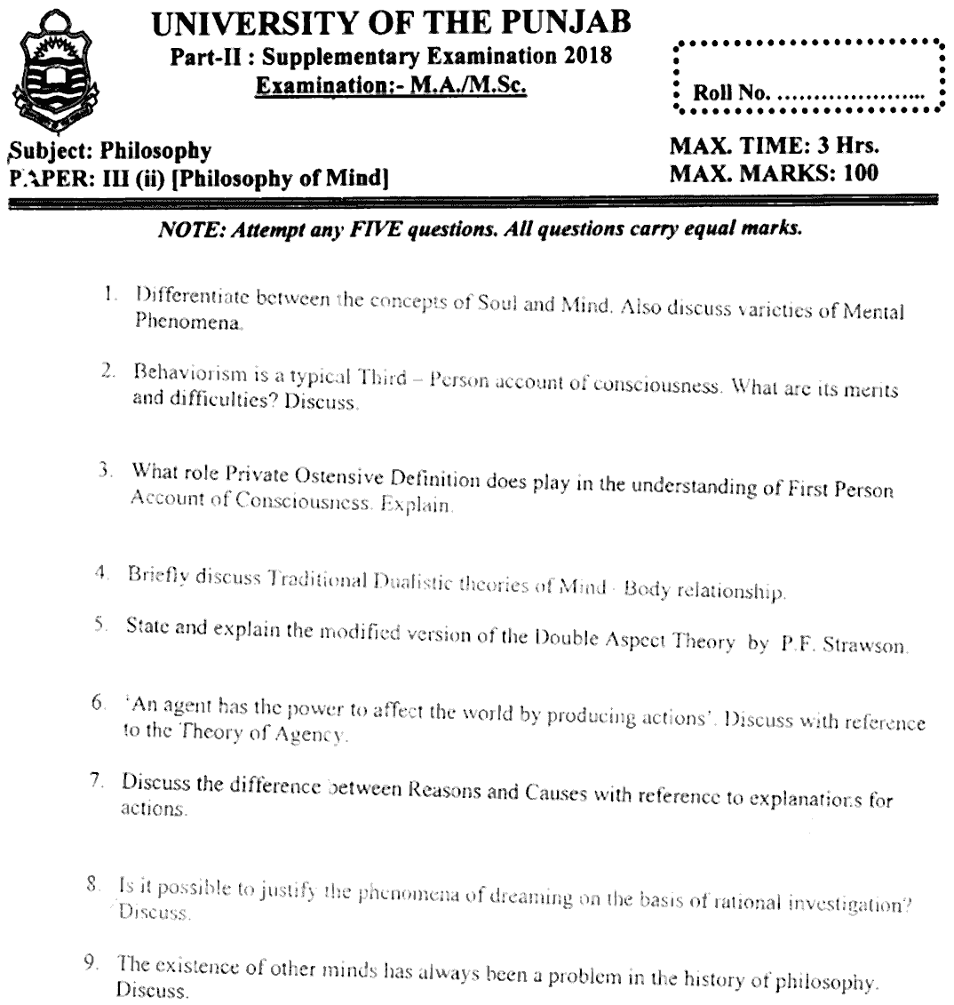 MA Part 2 Philosophy Philosophy Of Mind Past Paper 2018 Punjab University