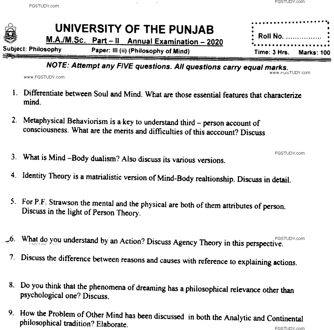MA Part 2 Philosophy Philosophy Of Mind Past Paper 2020 Punjab University