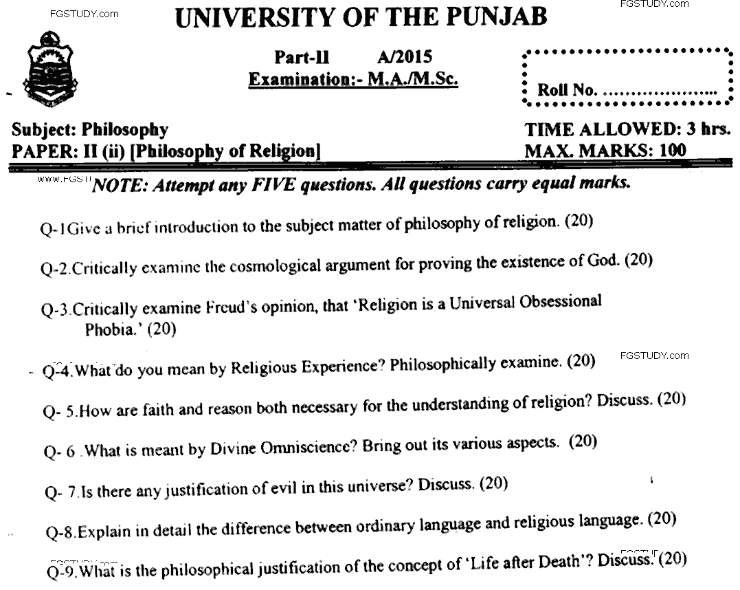 MA Part 2 Philosophy Philosophy Of Religion Past Paper 2015 Punjab University