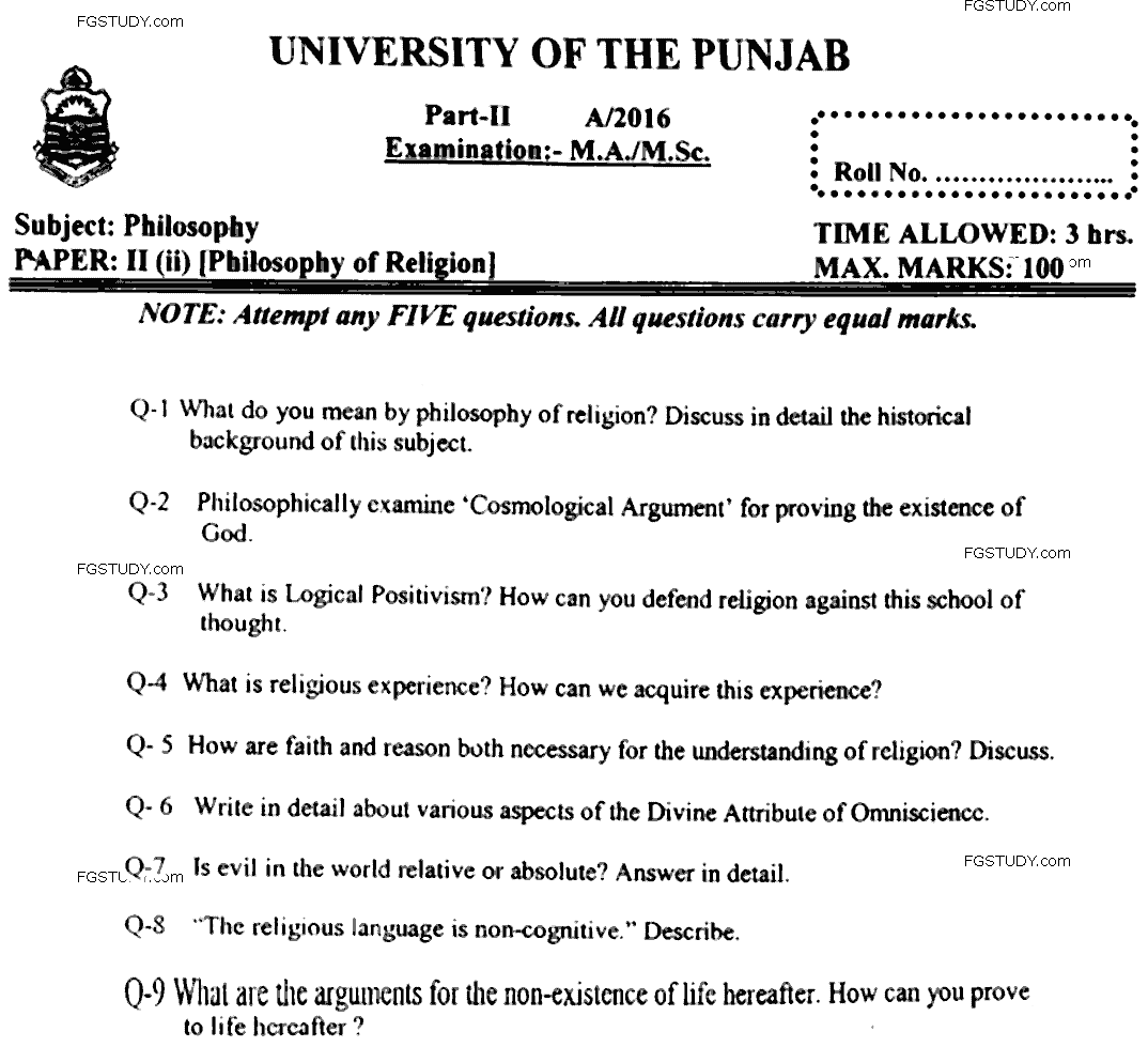 MA Part 2 Philosophy Philosophy Of Religion Past Paper 2016 Punjab University