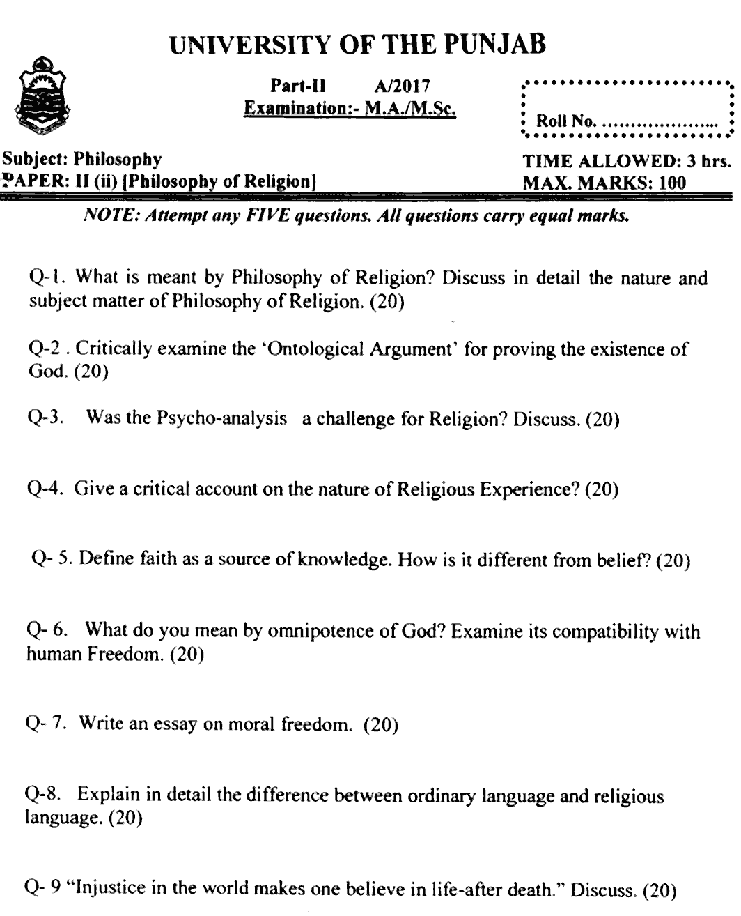 MA Part 2 Philosophy Philosophy Of Religion Past Paper 2017 Punjab University