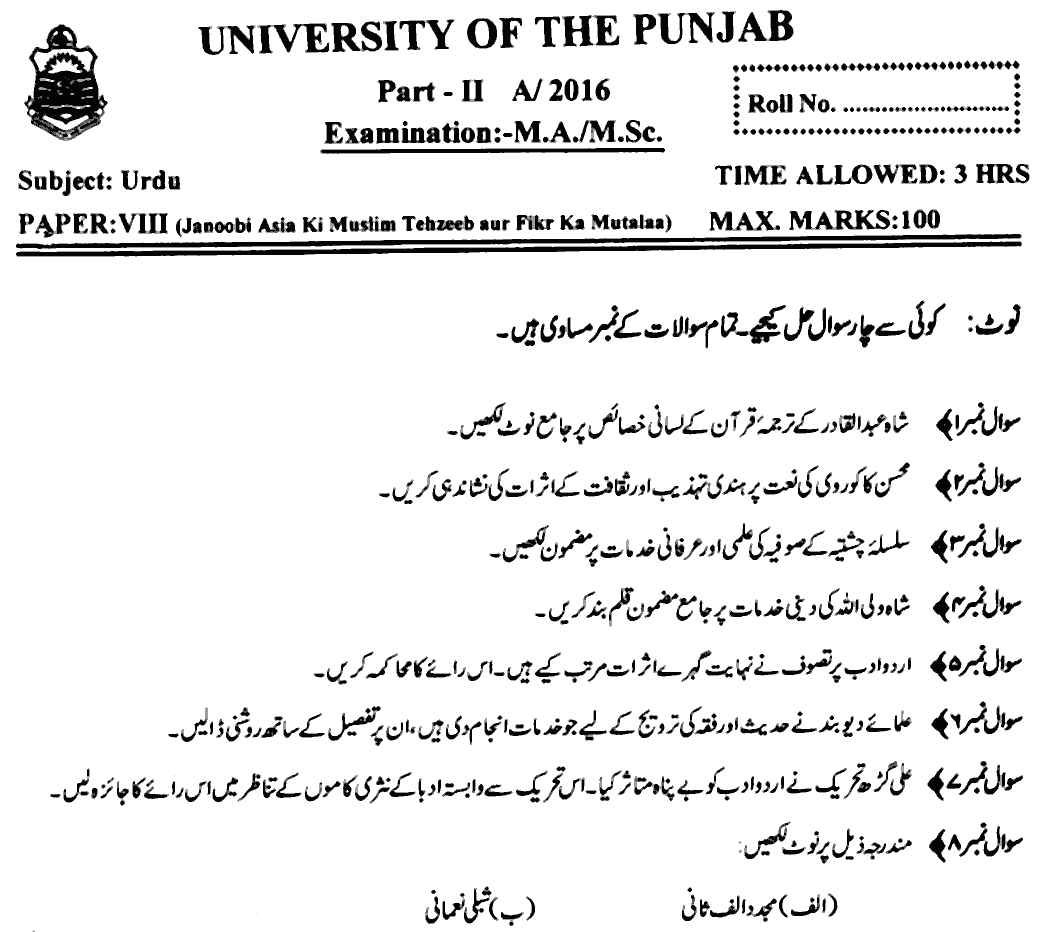 MA Part 2 Urdu Janoobi Asia Ki Muslim Tahzeeb Aur Fikr Ka Mutalaa Past Paper 2016 Punjab University