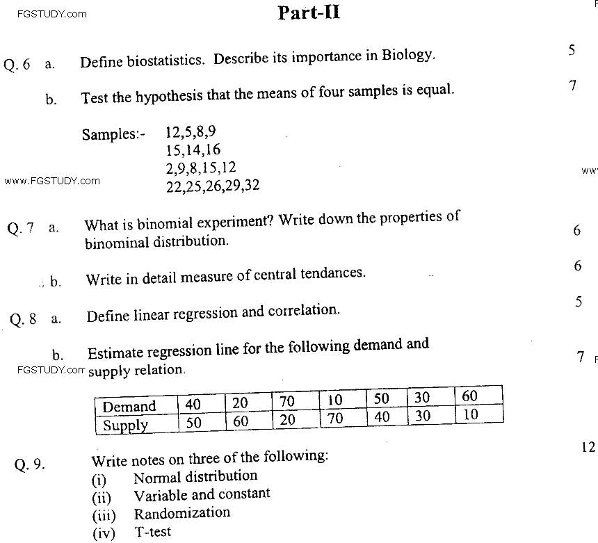 MSc Part 1 Botany Cell Biology And Biostatistics Past Paper 2019 Punjab University Subjective
