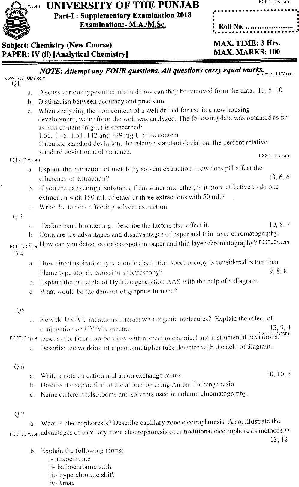 MSc Part 1 Chemistry Analytical Chemistry Past Paper 2018 Punjab University Subjective