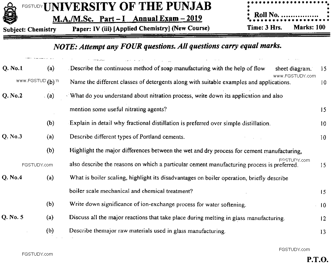 MSc Part 1 Chemistry Applied Chemistry Past Paper 2019 Punjab University Subjective