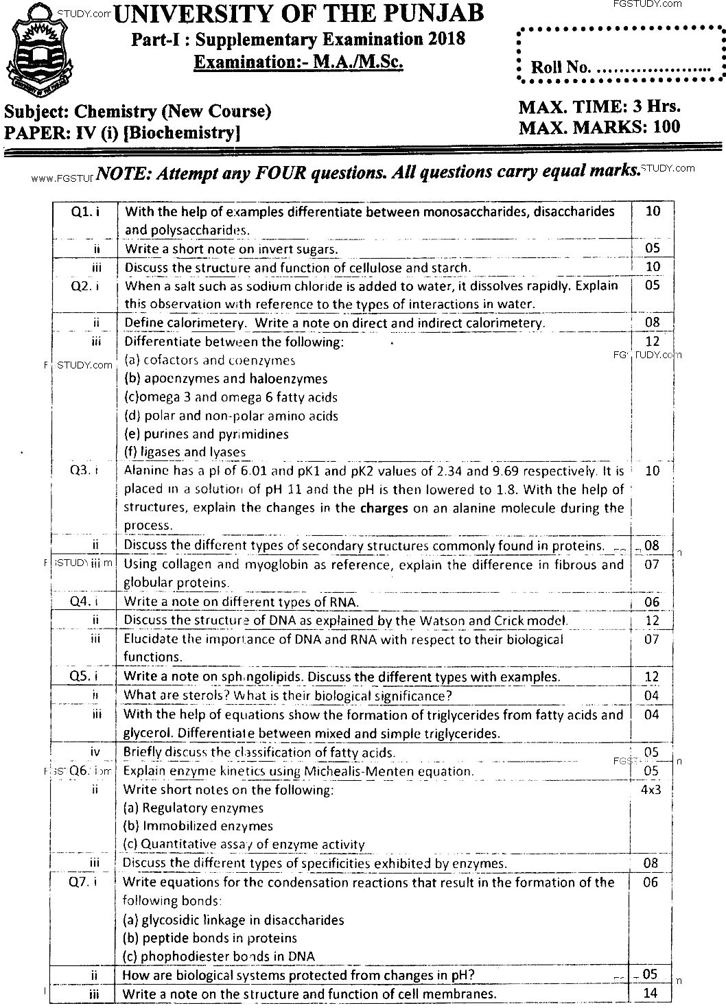 MSc Part 1 Chemistry Biochemistry Past Paper 2018 Punjab University Subjective