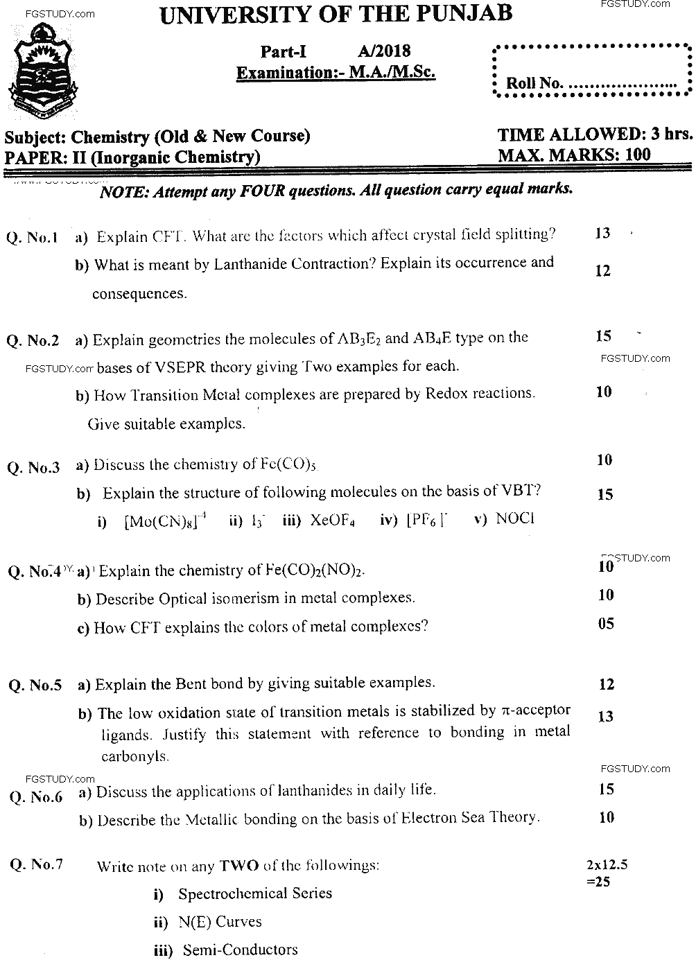 MSc Part 1 Chemistry Inorganic Chemistry Past Paper 2018 Punjab University Subjective