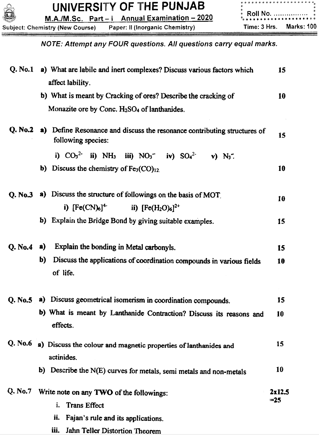 MSc Part 1 Chemistry Inorganic Chemistry Past Paper 2020 Punjab University Subjective