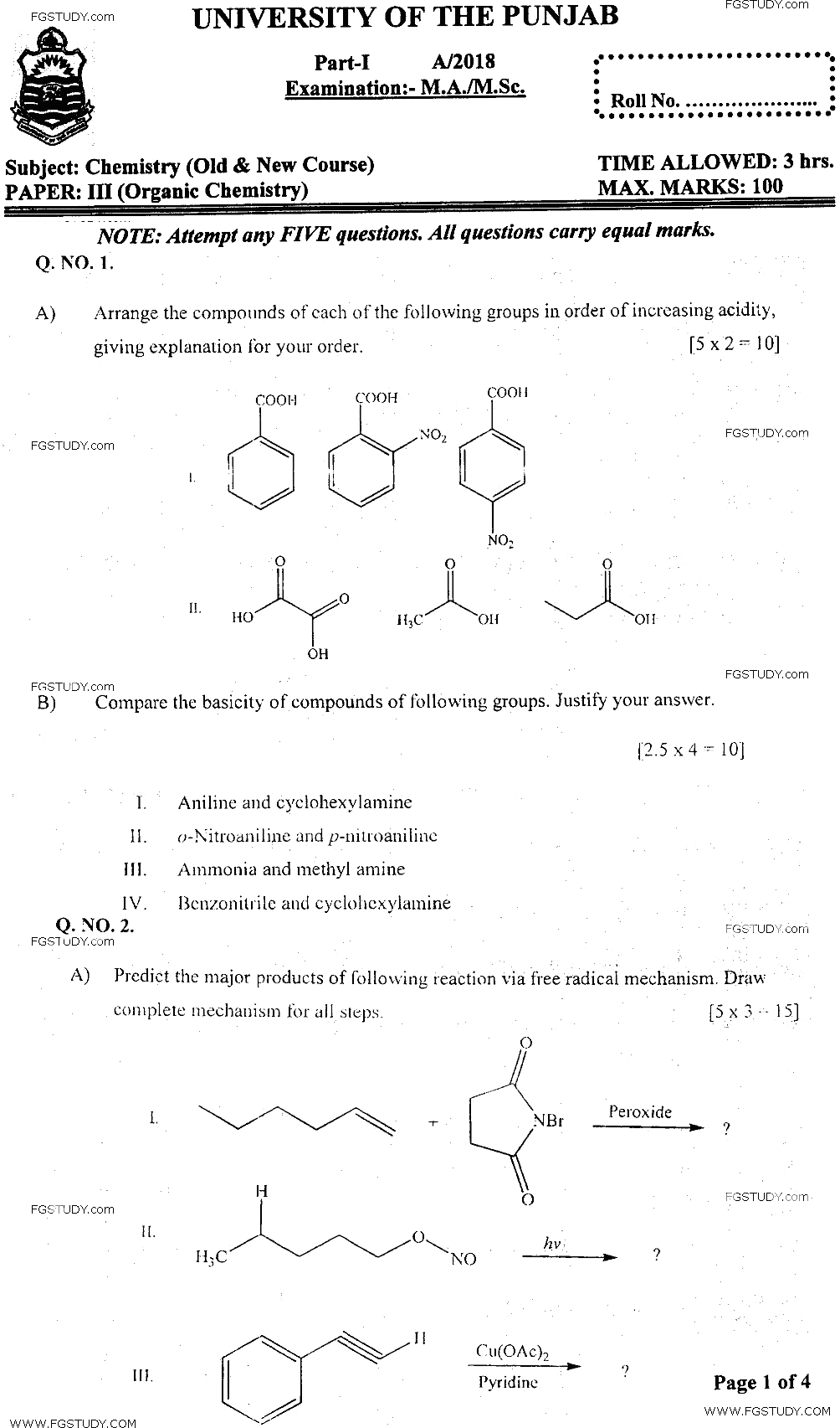 MSc Part 1 Chemistry Organic Chemistry Past Paper 2018 Punjab University Subjective