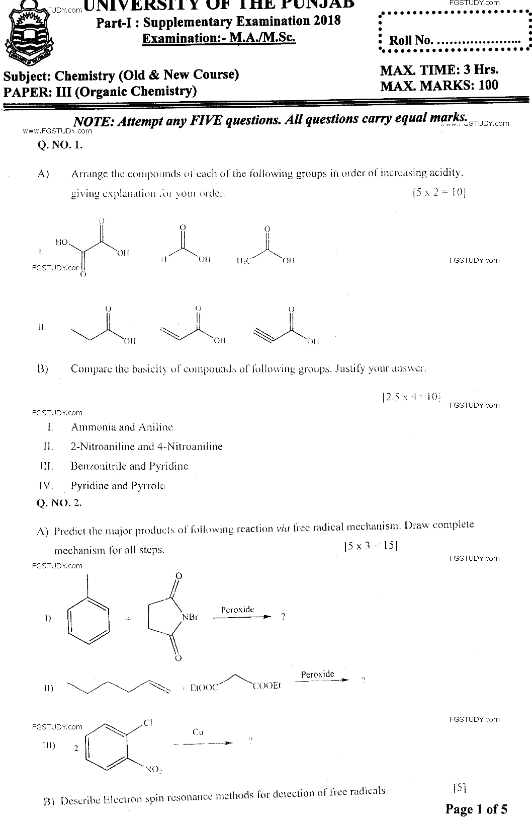 MSc Part 1 Chemistry Organic Chemistry Past Paper 2018 Punjab University Subjective