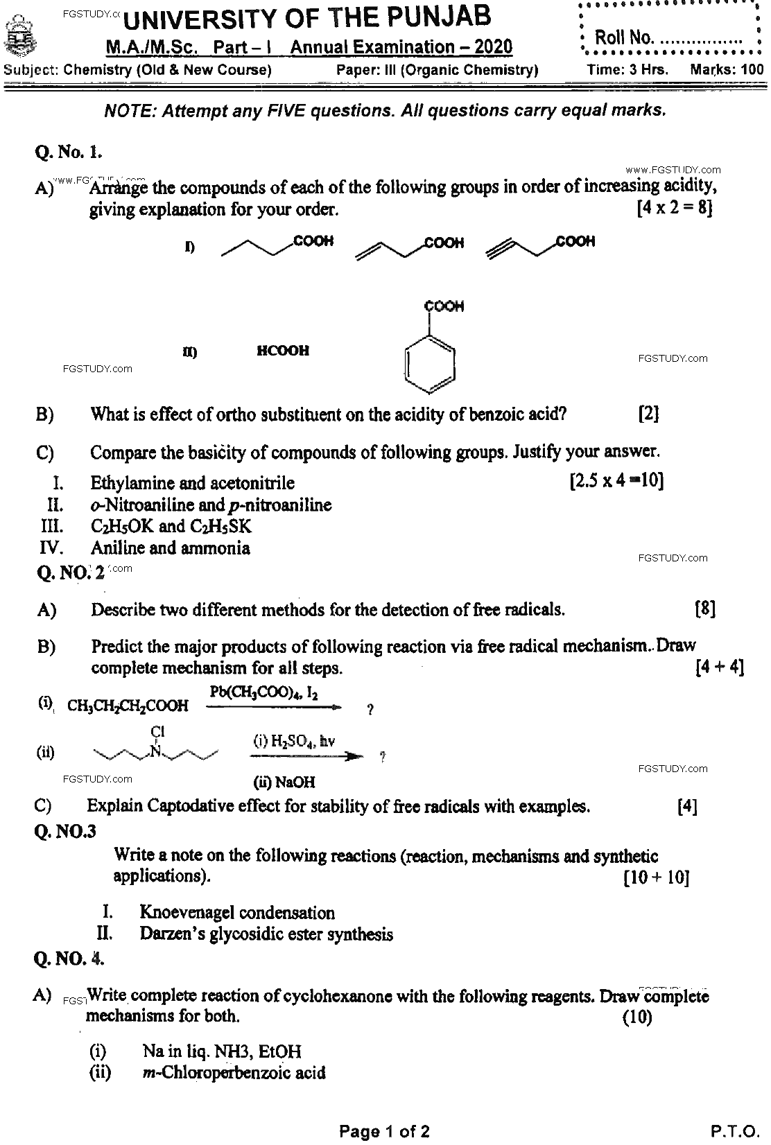 MSc Part 1 Chemistry Organic Chemistry Past Paper 2020 Punjab University Subjective