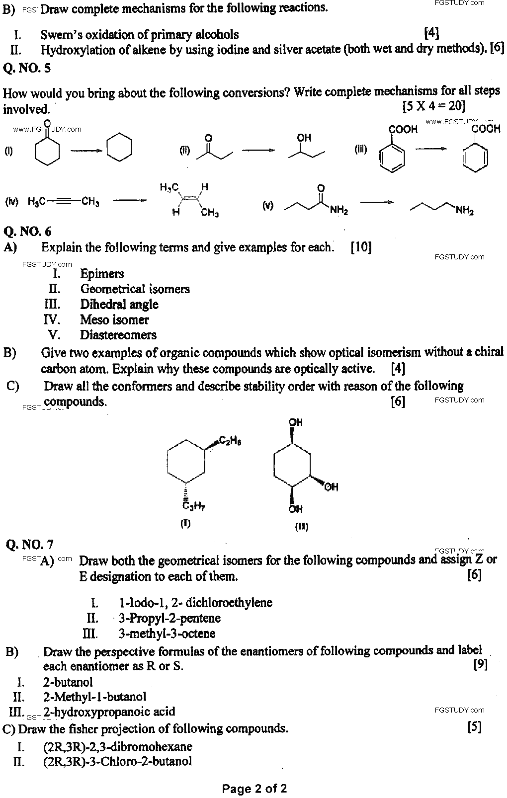 MSc Part 1 Chemistry Organic Chemistry Past Paper 2020 Punjab University Subjective