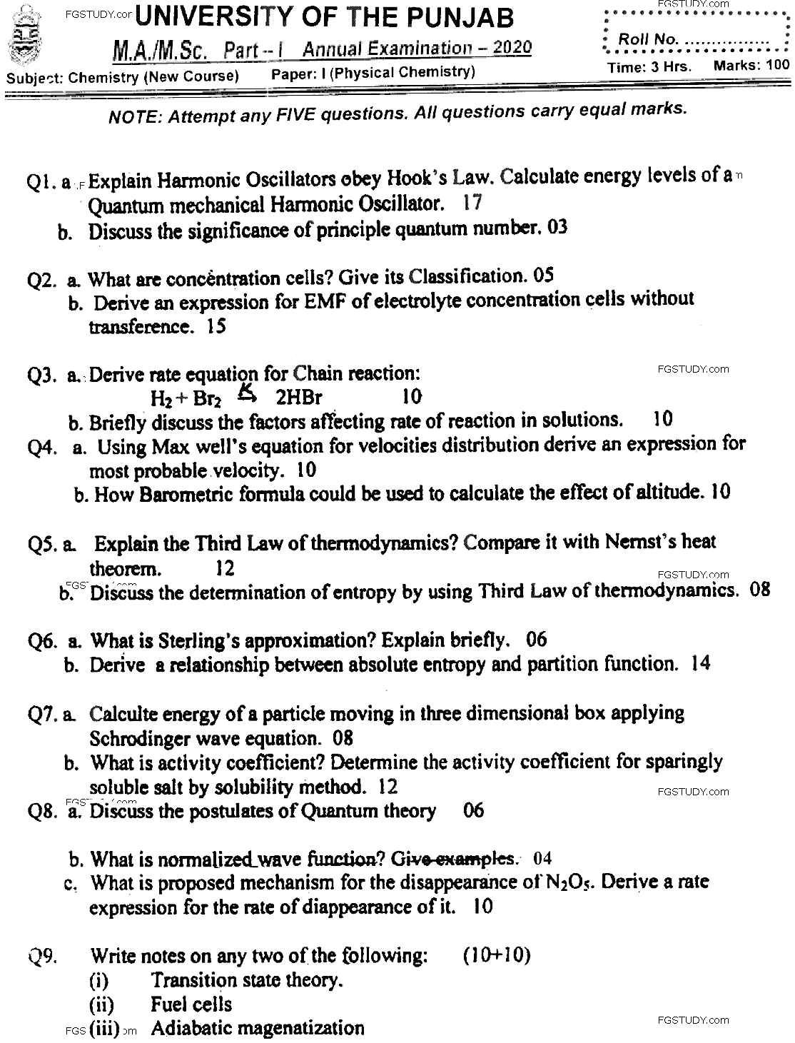 MSc Part 1 Chemistry Physical Chemistry Past Paper 2020 Punjab University Subjective
