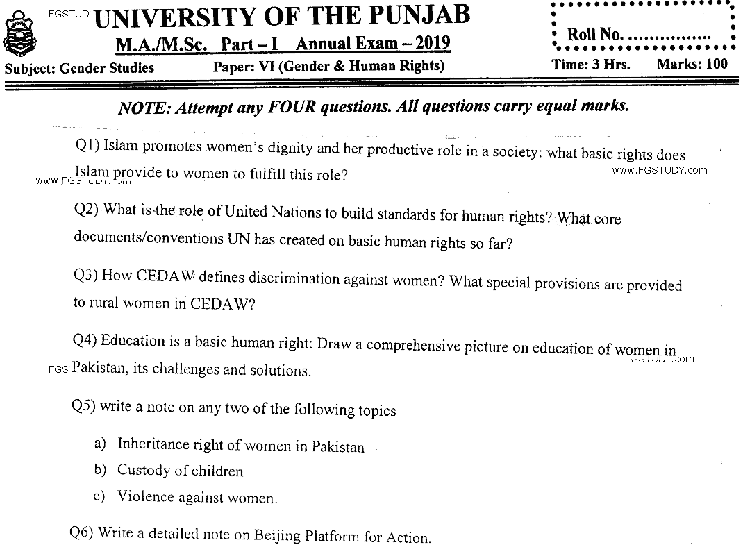MSc Part 1 Gender Studies Gender And Human Rights Past Paper 2019 Punjab University Subjective