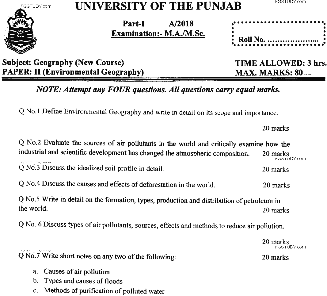 MSc Part 1 Geography Environmental Geography Past Paper 2018 Punjab University Subjective