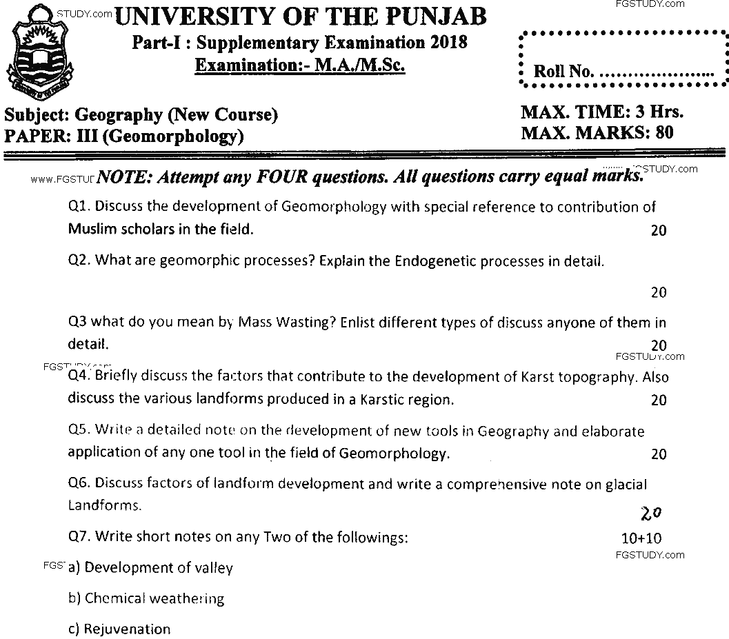 MSc Part 1 Geography Geomorphology Past Paper 2018 Punjab University Subjective
