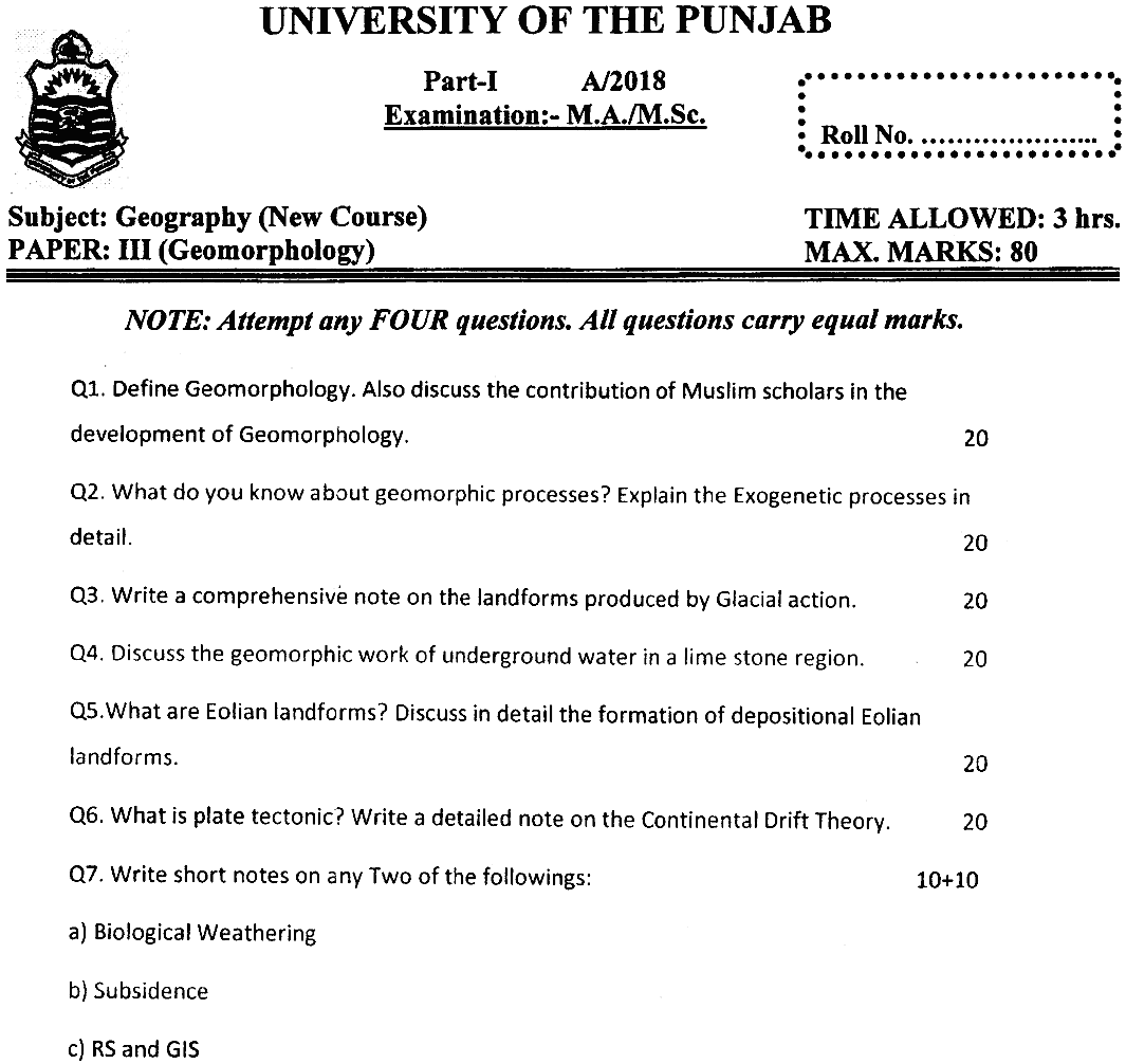 MSc Part 1 Geography Geomorphology Past Paper 2018 Punjab University Subjective