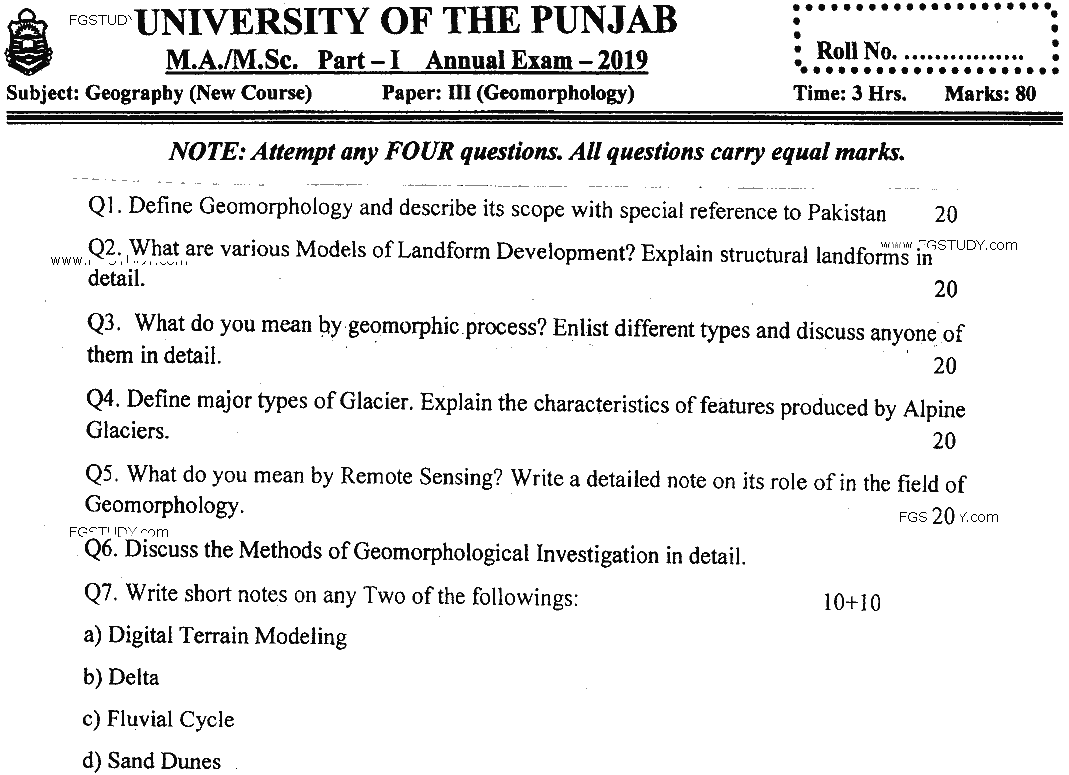 MSc Part 1 Geography Geomorphology Past Paper 2019 Punjab University Subjective