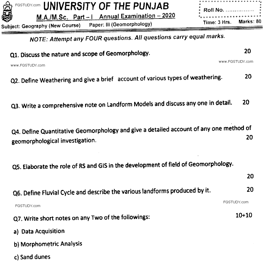 MSc Part 1 Geography Geomorphology Past Paper 2020 Punjab University Subjective