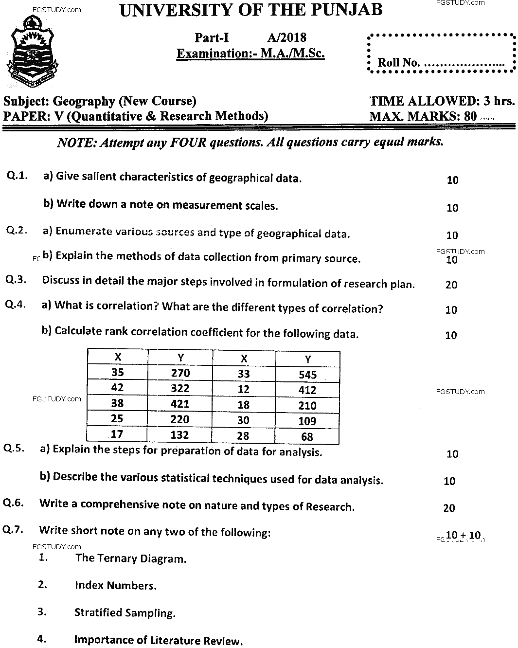 MSc Part 1 Geography Quantitative And Research Methods Past Paper 2018 Punjab University Subjective
