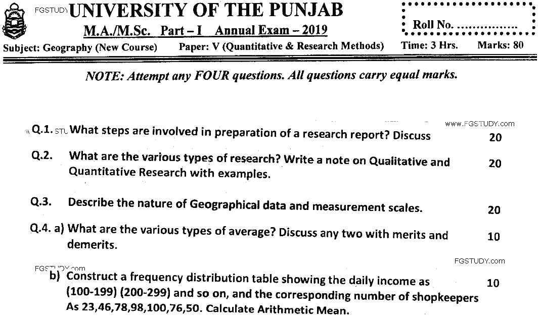 MSc Part 1 Geography Quantitative And Research Methods Past Paper 2019 Punjab University Subjective