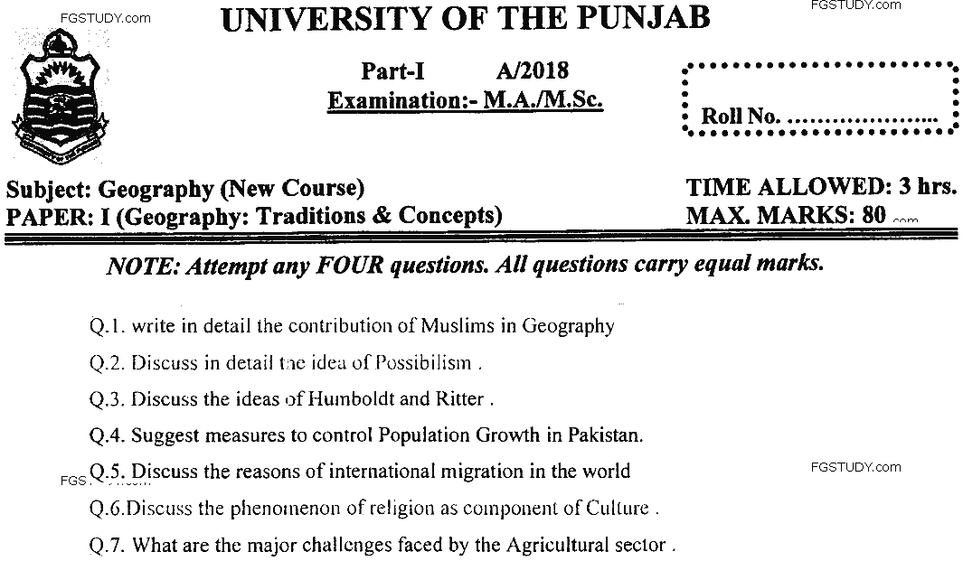 MSc Part 1 Geography Traditions And Concepts Past Paper 2018 Punjab University Subjective